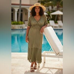 Floris Made In Italy Knit Cover-Up Dress S/M Green Gold Metallic Striped Crochet